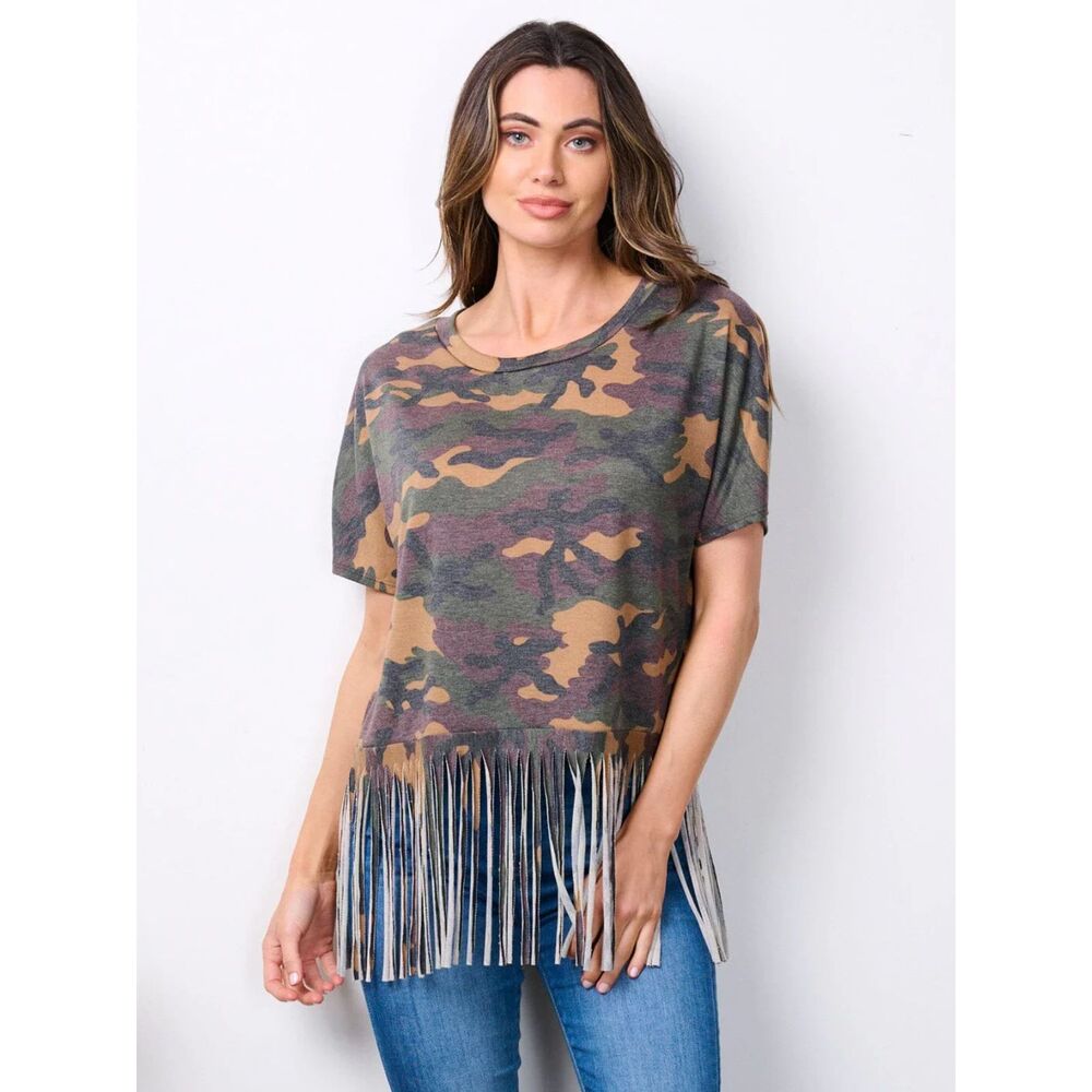 🍉 Watermelon Camo Fringe Hem Top – Size 3XL – Made in USA – Stretchy & Stylish